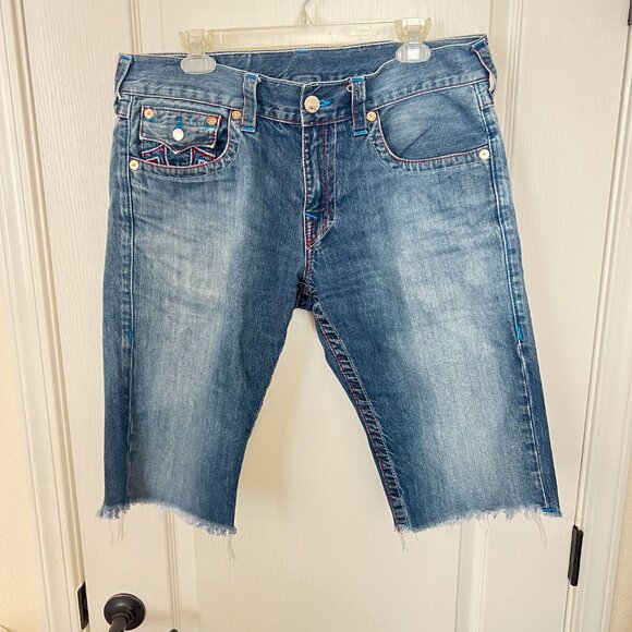 $699 Authentic TRUE RELIGION Made in USA Men's Blue Jean Shorts Sz.34 (35 X 13)